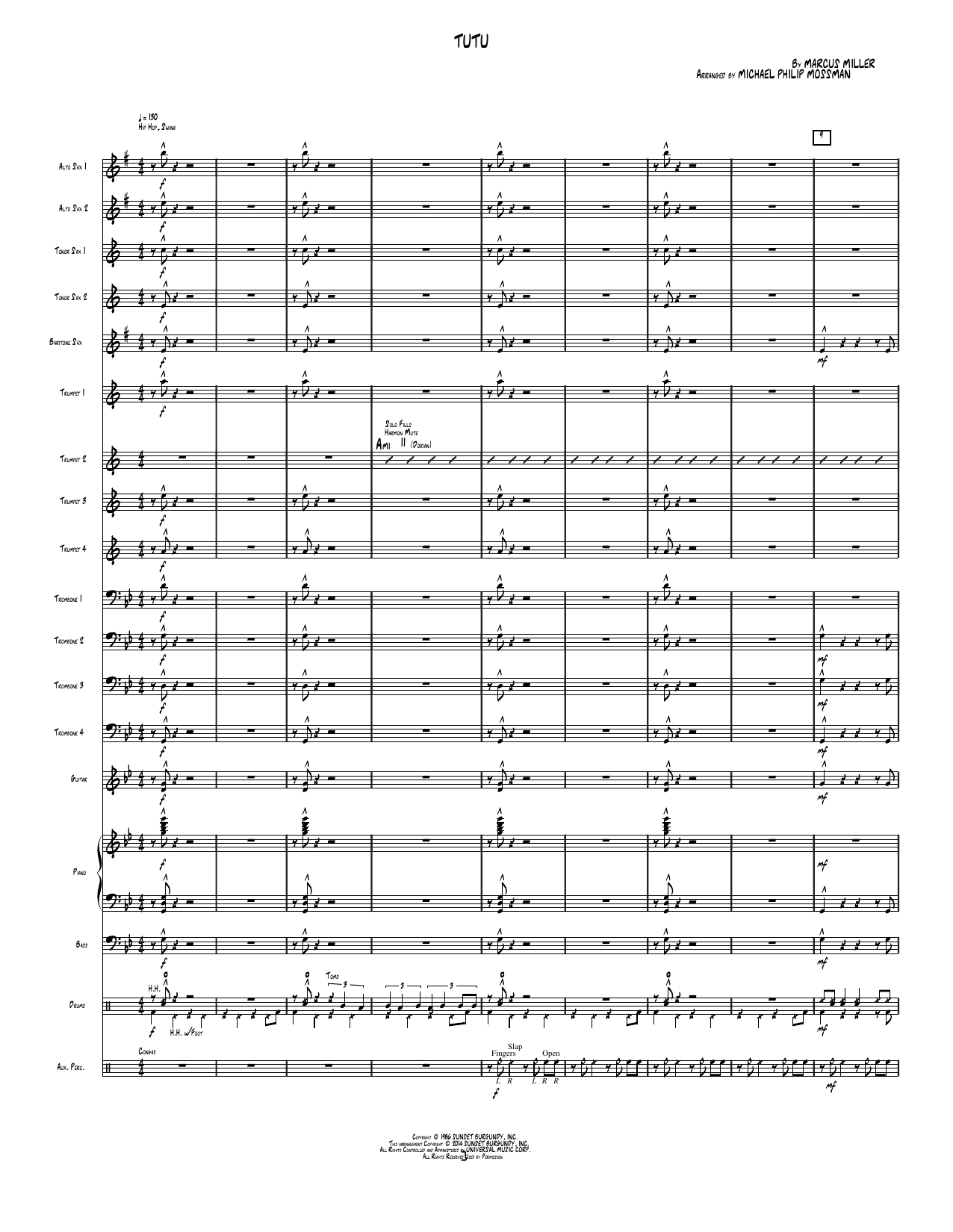 Tutu: Jazz Ensemble Conductor Score & Parts