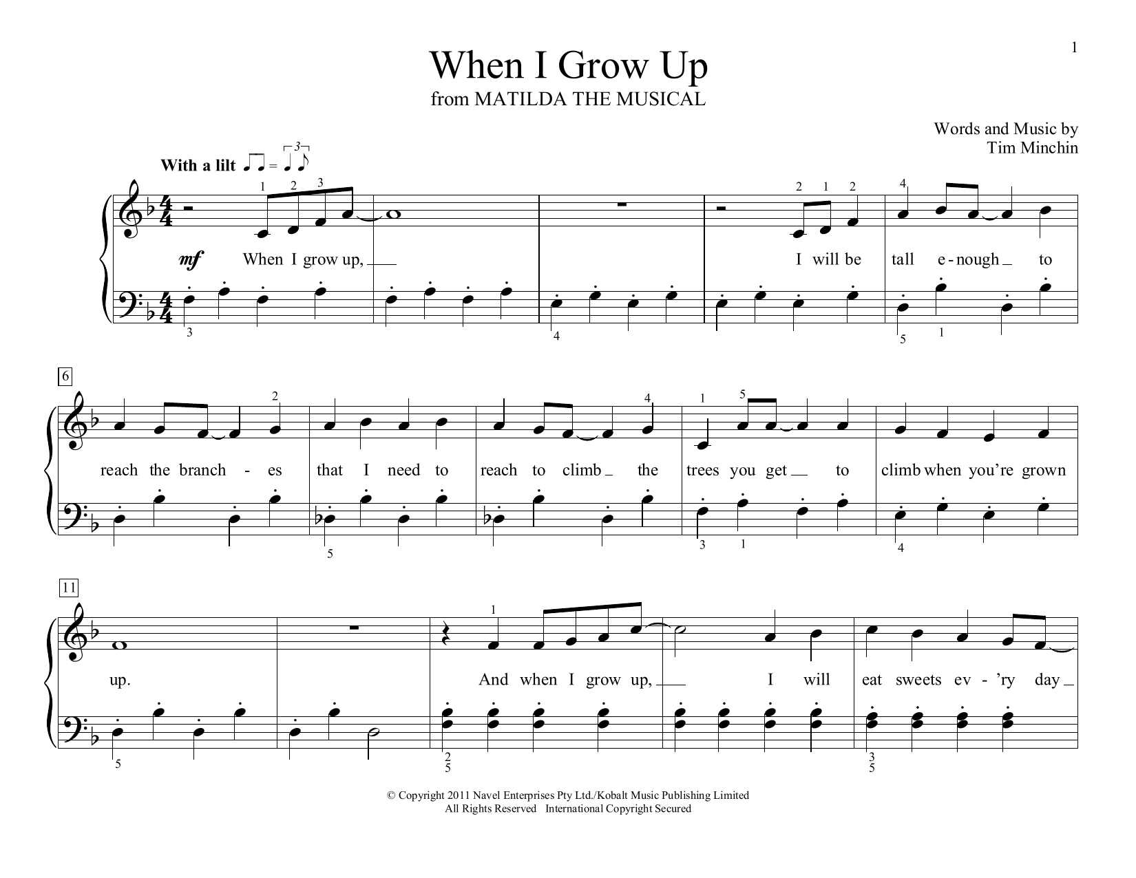 Tim Minchin When I Grow Up from Matilda The Musical arr Tim Minchin When I Grow Up from Matilda The Musical arr