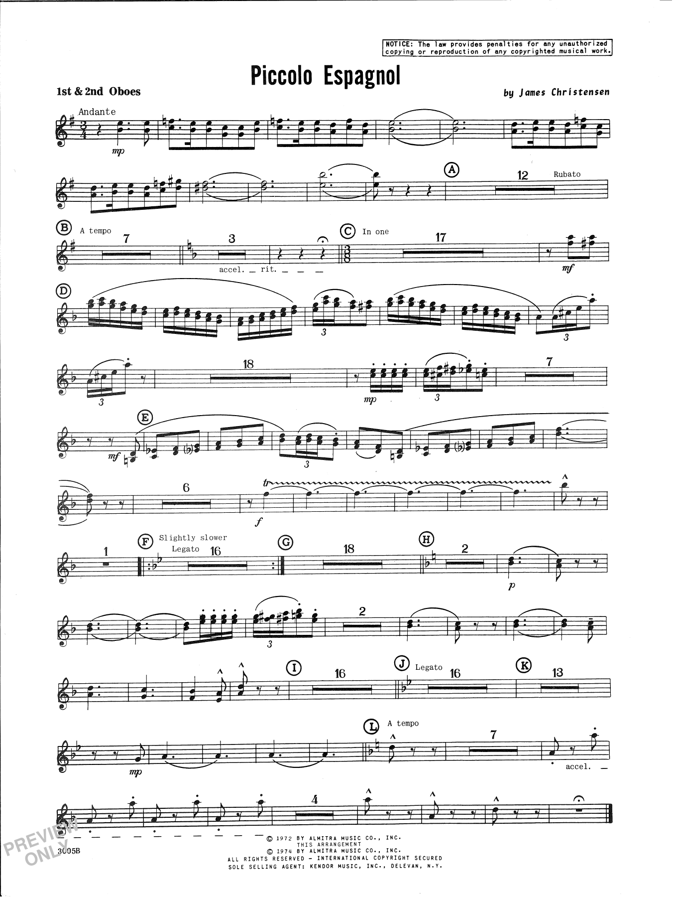 Piccolo Espagnol Oboe Sheet Music James Christensen Concert Band