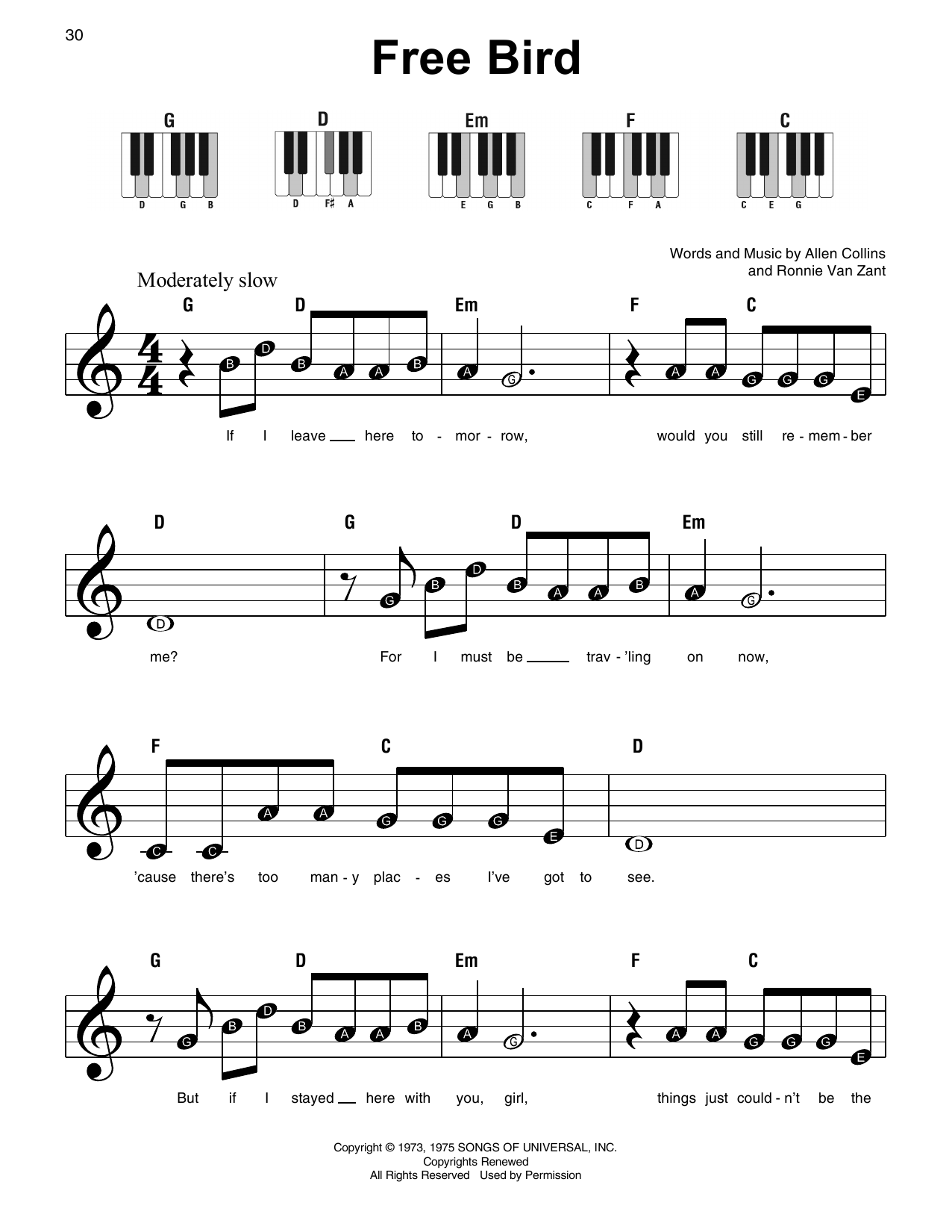 Free Bird Sheet Music Lynyrd Skynyrd Super Easy Piano