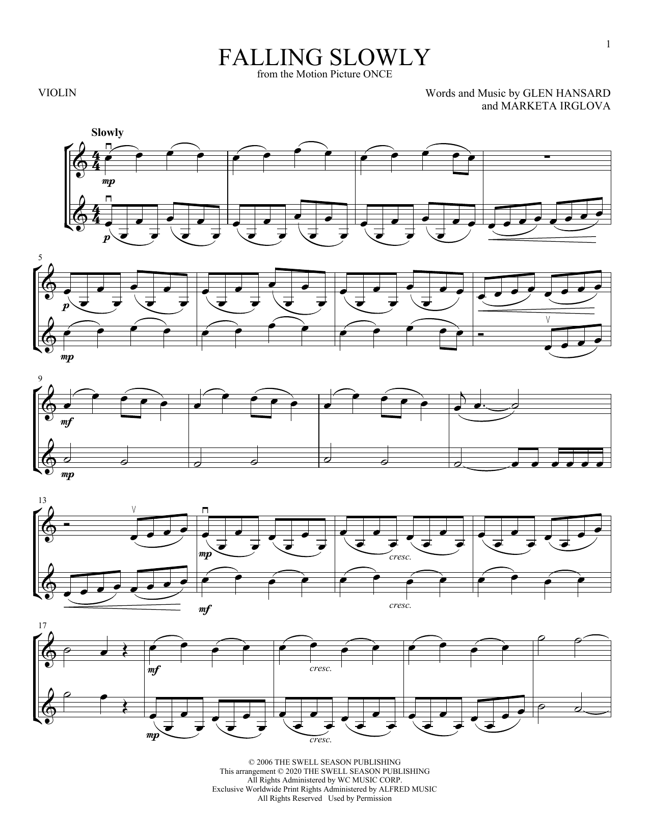 Falling Slowly from Once By Glen Hansard Marketa Irglova Sheet 