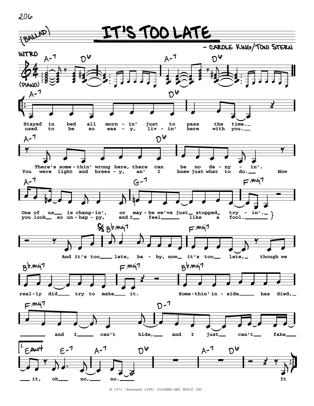 It s Too Late By Carole King Sheet Music For Real Book Melody Lyrics It s Too Late By Carole King Sheet Music For Real Book Melody Lyrics
