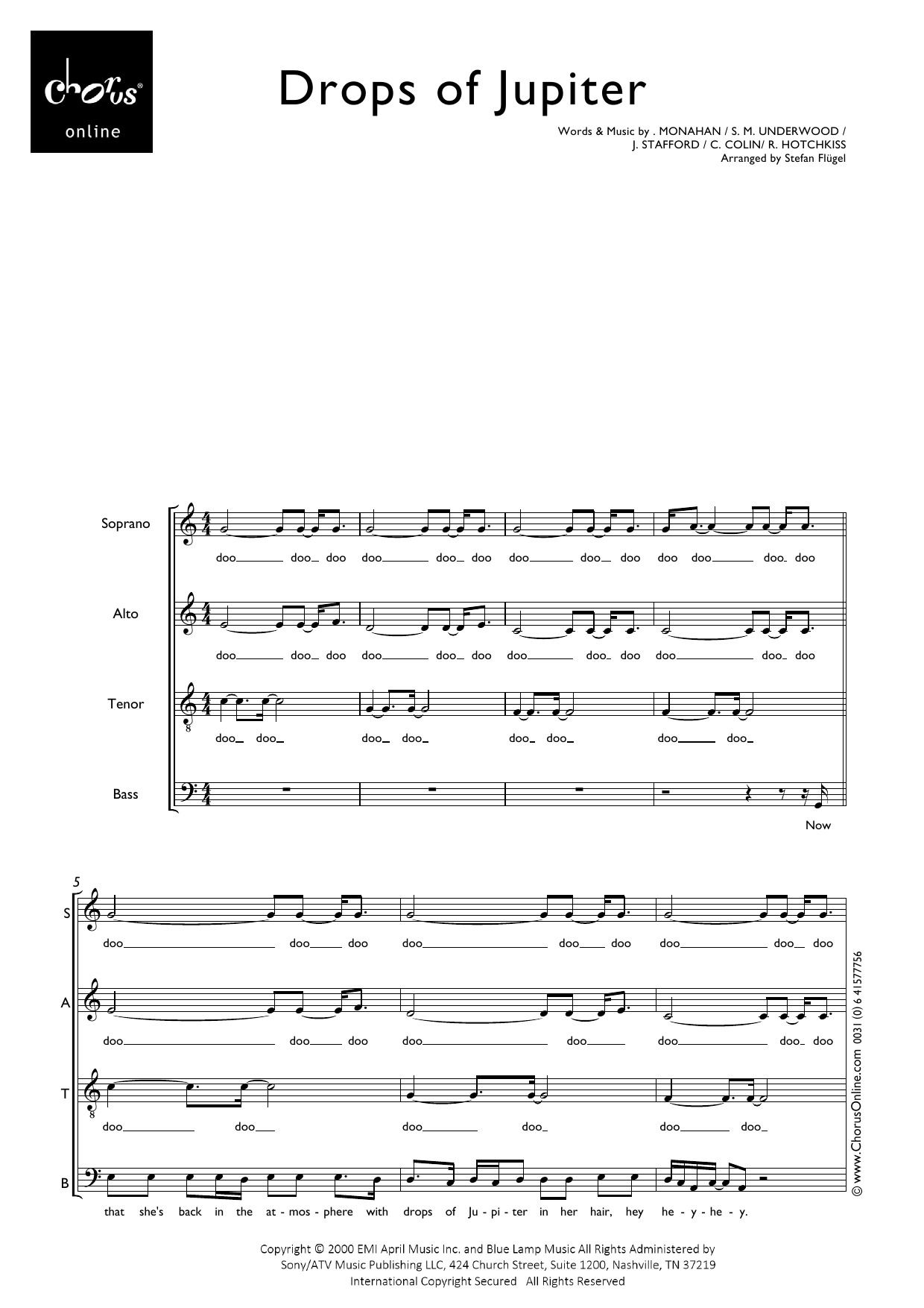 Drops Of Jupiter (Tell Me) (arr. Stefan Flügel): SATB A Cappella Choral Octavo