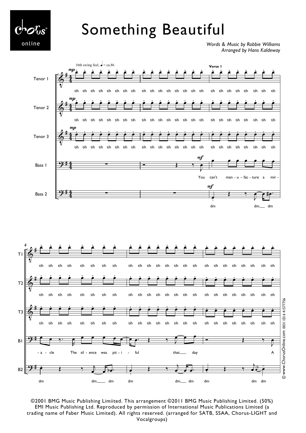 Something Beautiful (arr. Hans Kaldeway): TTTBB Choral Octavo