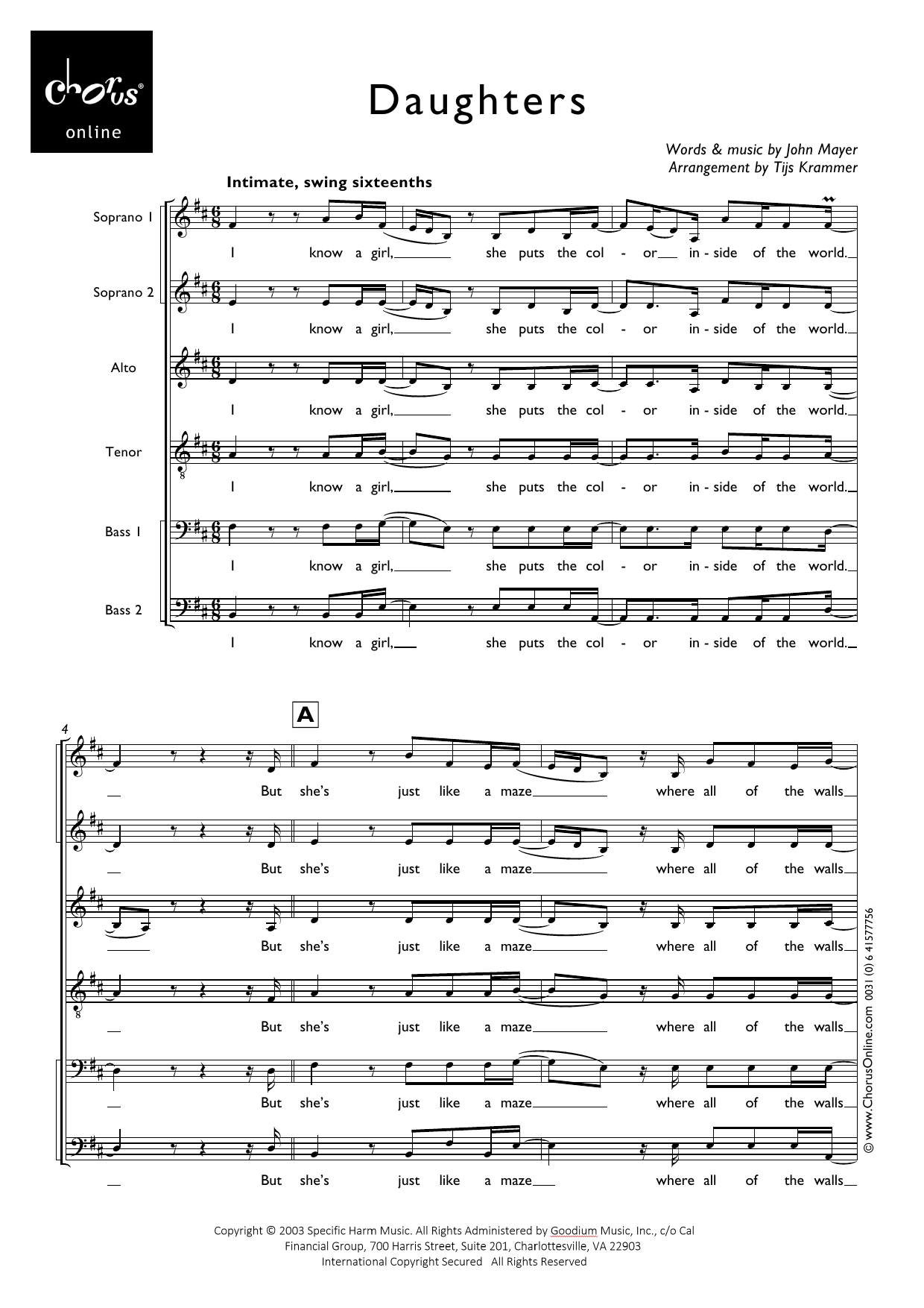 Daughters (arr. Tijs Krammer): SSATTBB Choral Octavo