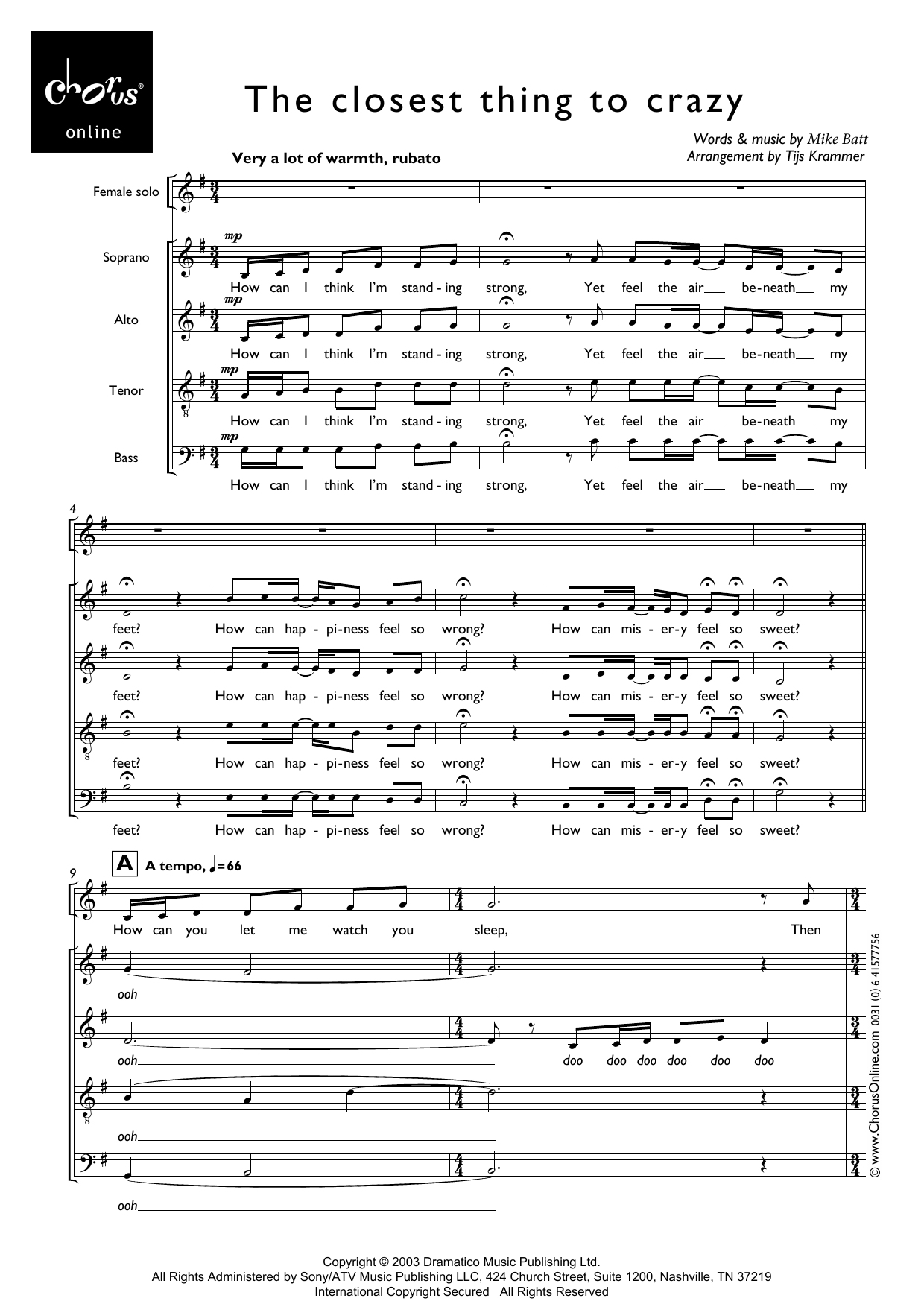 The Closest Thing To Crazy (arr. Tijs Krammer): SATB Choral Octavo