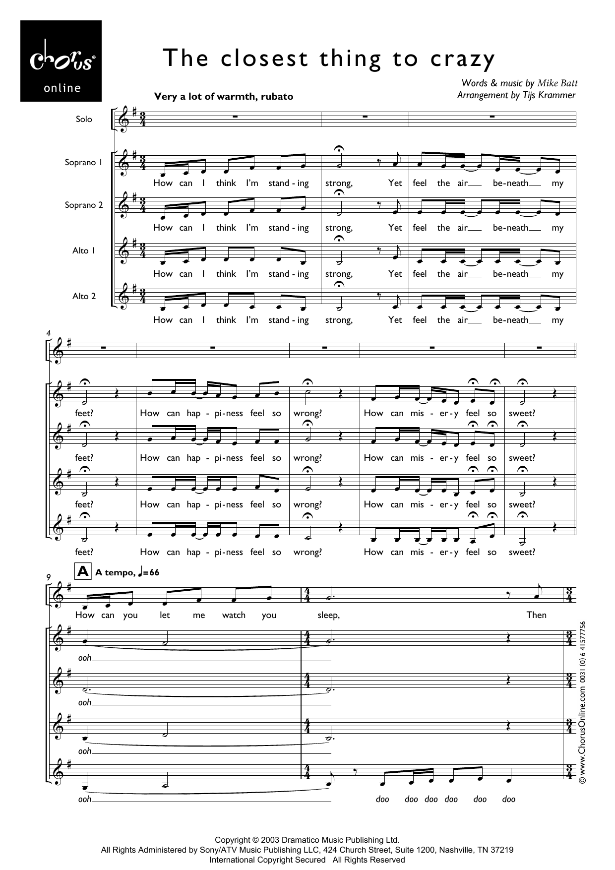 The Closest Thing To Crazy (arr. Tijs Krammer): SSAA Choral Octavo