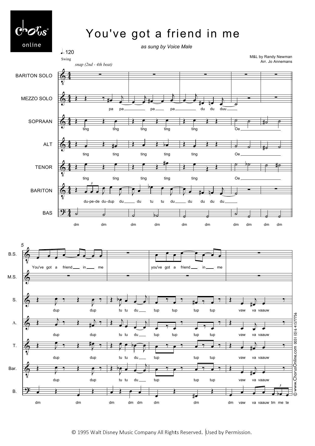 You've Got A Friend In Me (arr. Jo Annemans): SATBB Choral Octavo