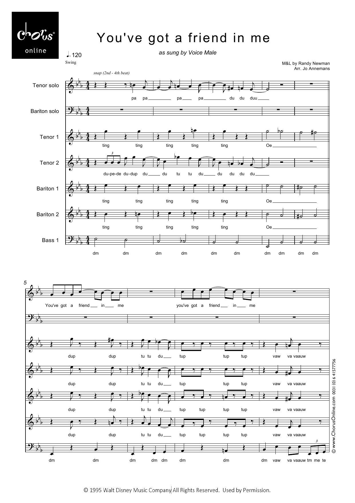 You've Got A Friend In Me (arr. Jo Annemans): TTTBBB Choral Octavo