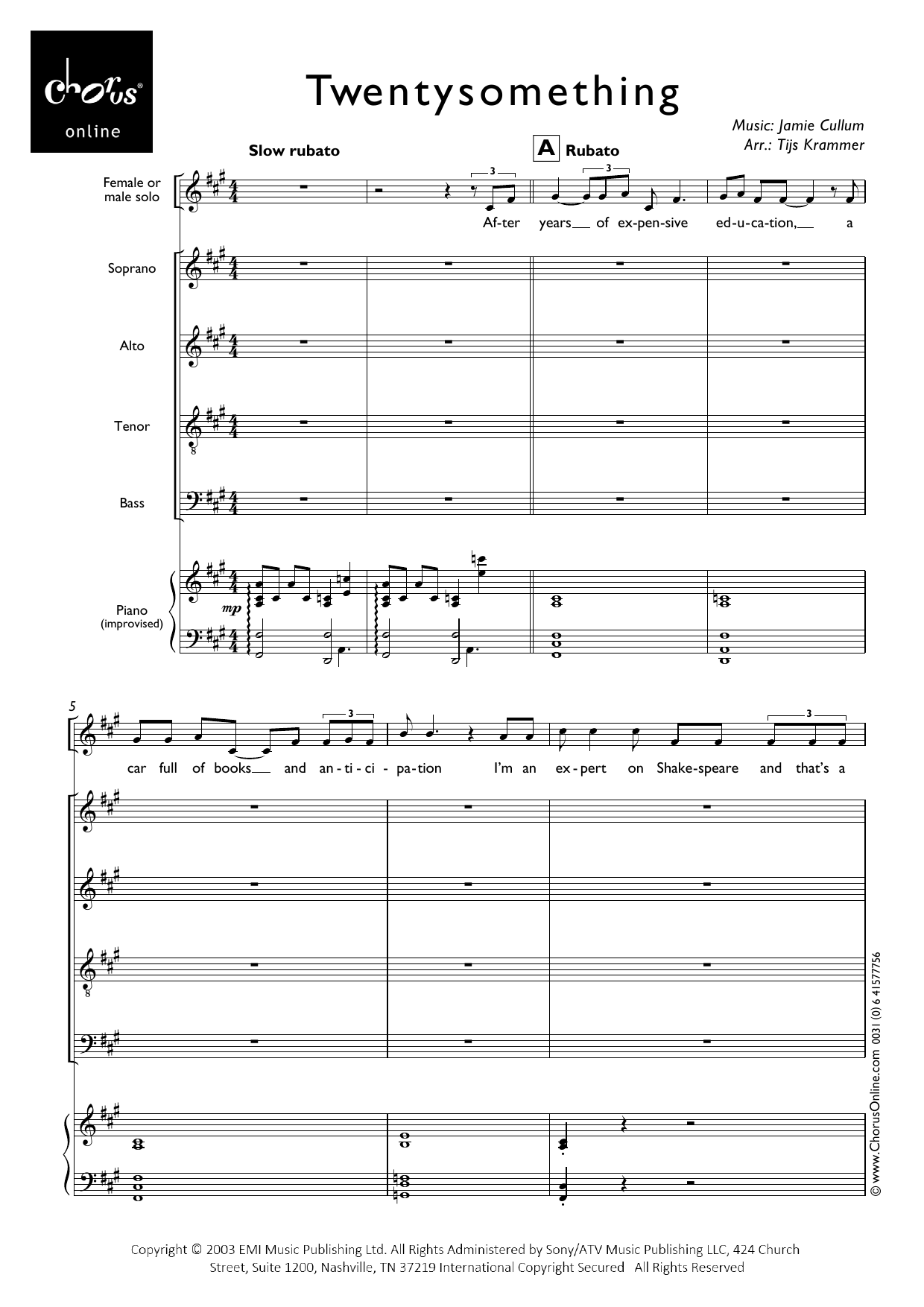 Twentysomething (arr. Tijs Krammer): SATB Choral Octavo
