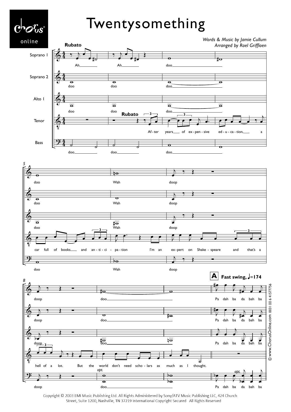 Twentysomething (arr. Roel Griffioen): SSATB Choral Octavo