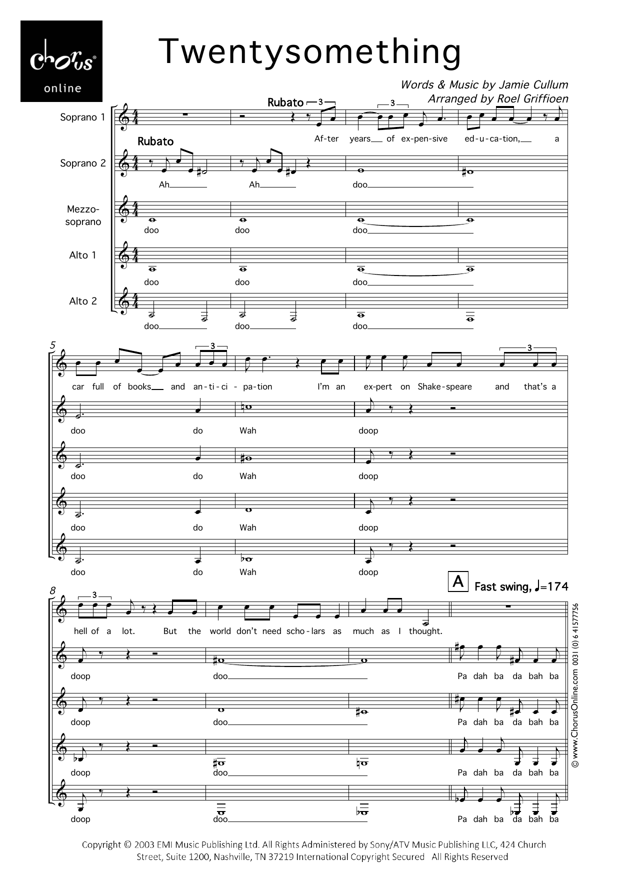 Twentysomething (arr. Roel Griffioen): SSMAA Choral Octavo