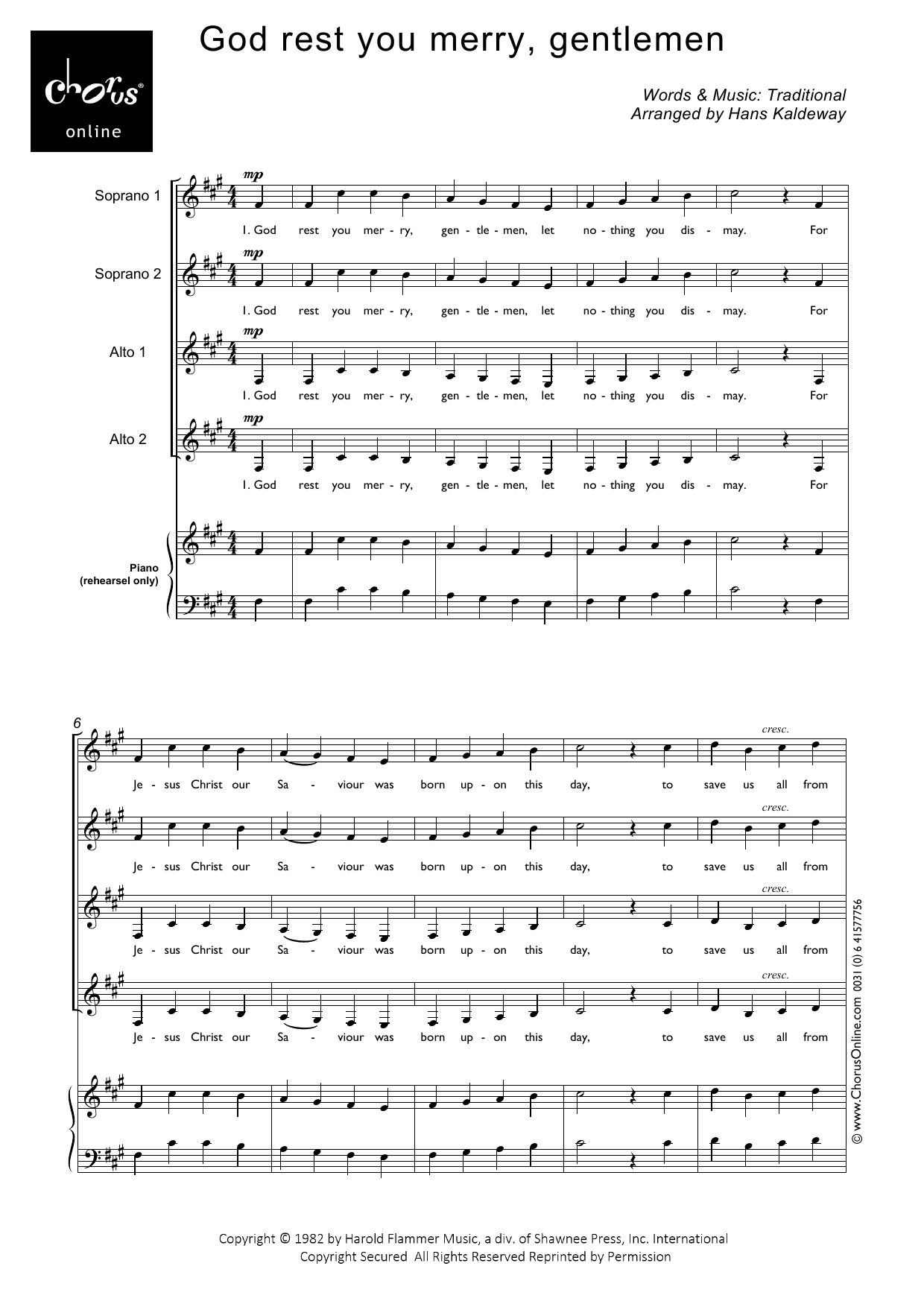 God Rest You Merry, Gentleman (arr. Hans Kaldeway): SSAA Choral Octavo