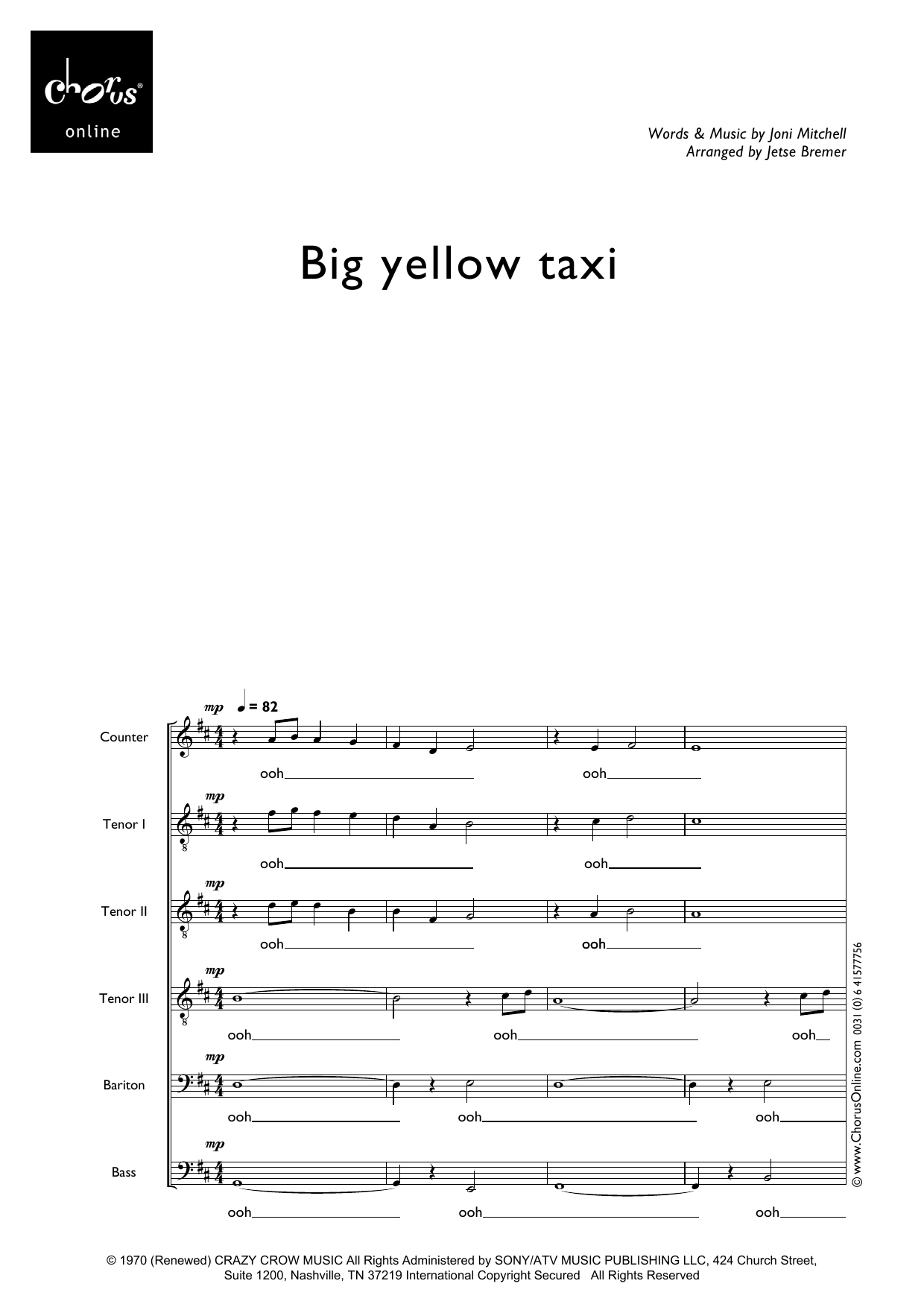 Big Yellow Taxi (arr. Jetse Bremer): CTTBB Choral Octavo
