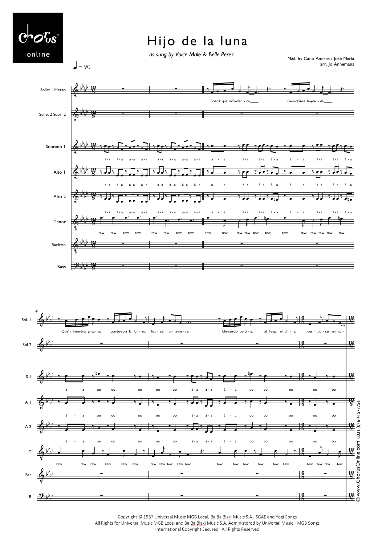 Hijo De La Luna (arr. Jo Annemans): SSAATBarB Choral Octavo