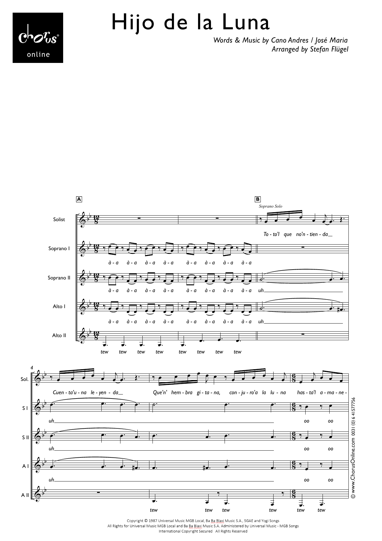 Hijo De La Luna (arr. Jo Annemans): SSAA Choral Octavo