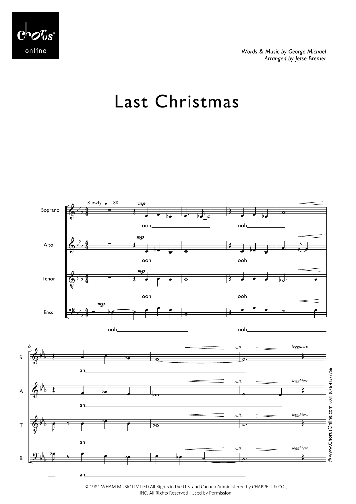Last Christmas (arr. Jetse Bremer): SSAAATB Choral Octavo