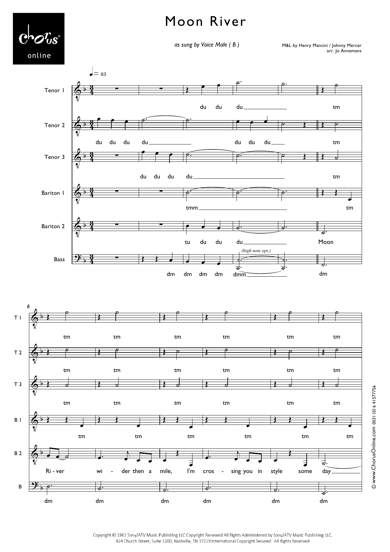 Moon River (arr. Jo Annemans): TTTBarBarB Choral Octavo