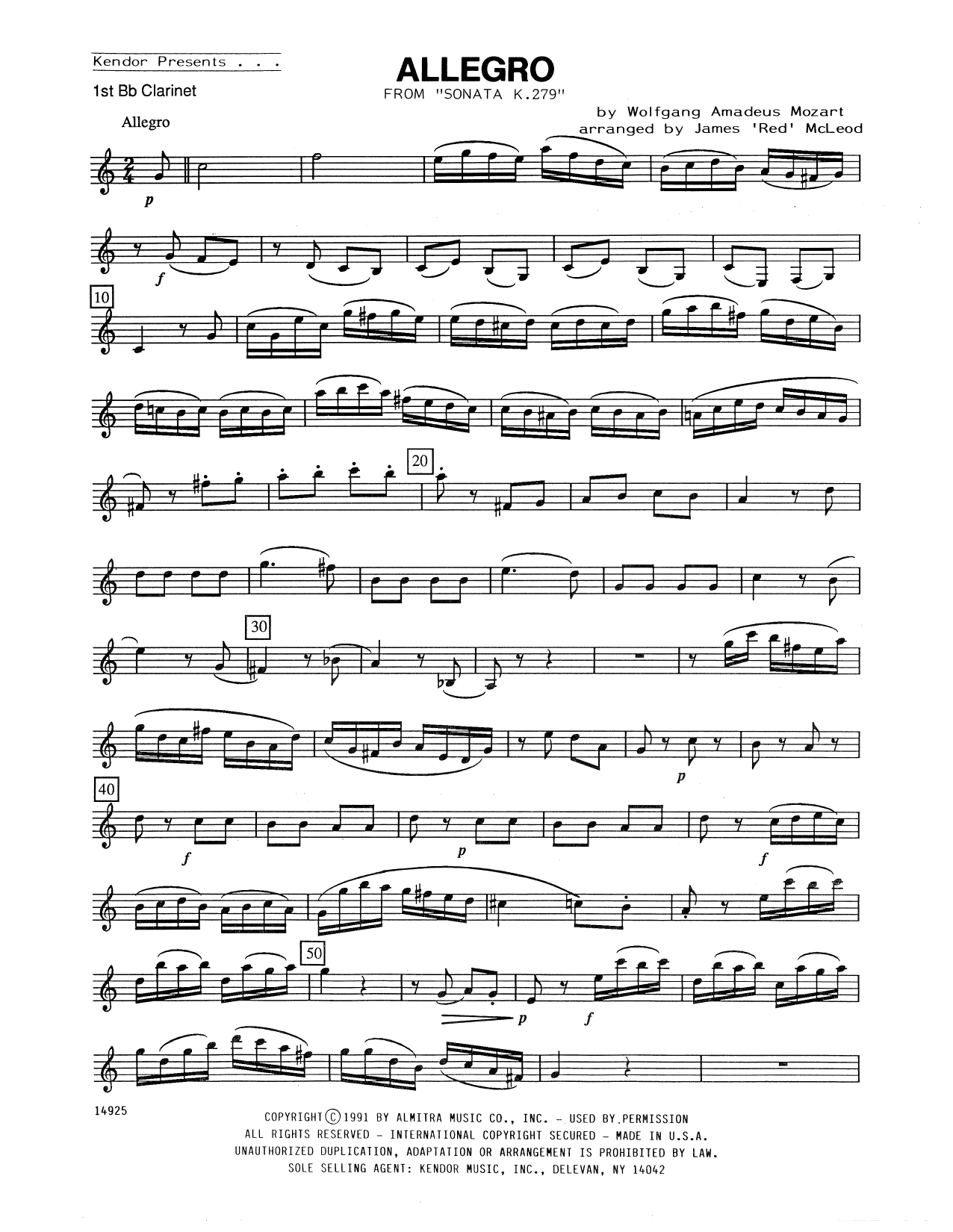 Allegro (from Sonata K. 279) 1st Bb Sheet Music James 'Red' McLeod Woodwind Ensemble
