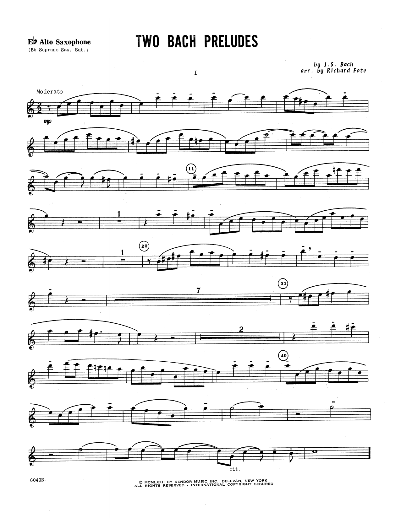 Two Bach Preludes Opt. Alto Sax Sheet Music Richard Fote Woodwind