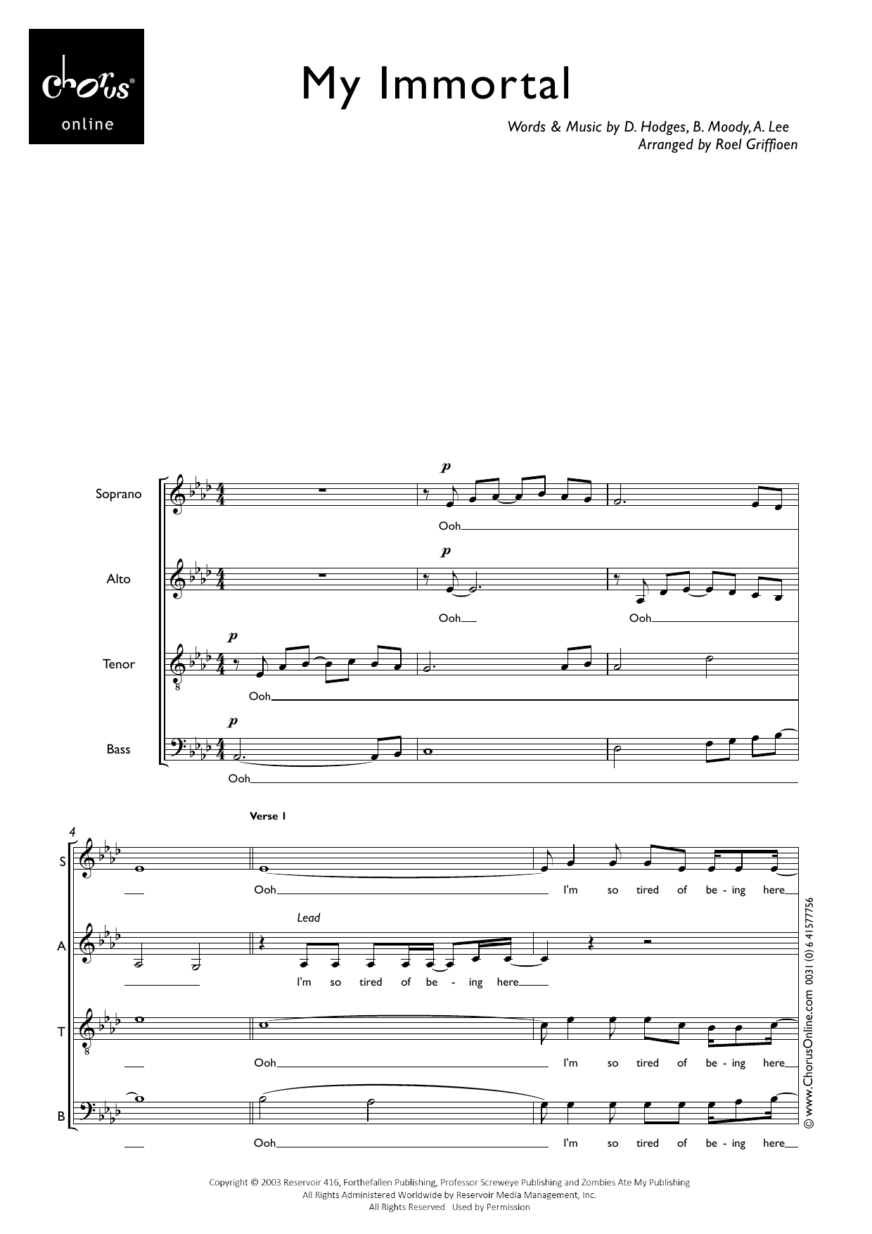 My Immortal (arr. Roel Griffioen): SATB Choral Octavo