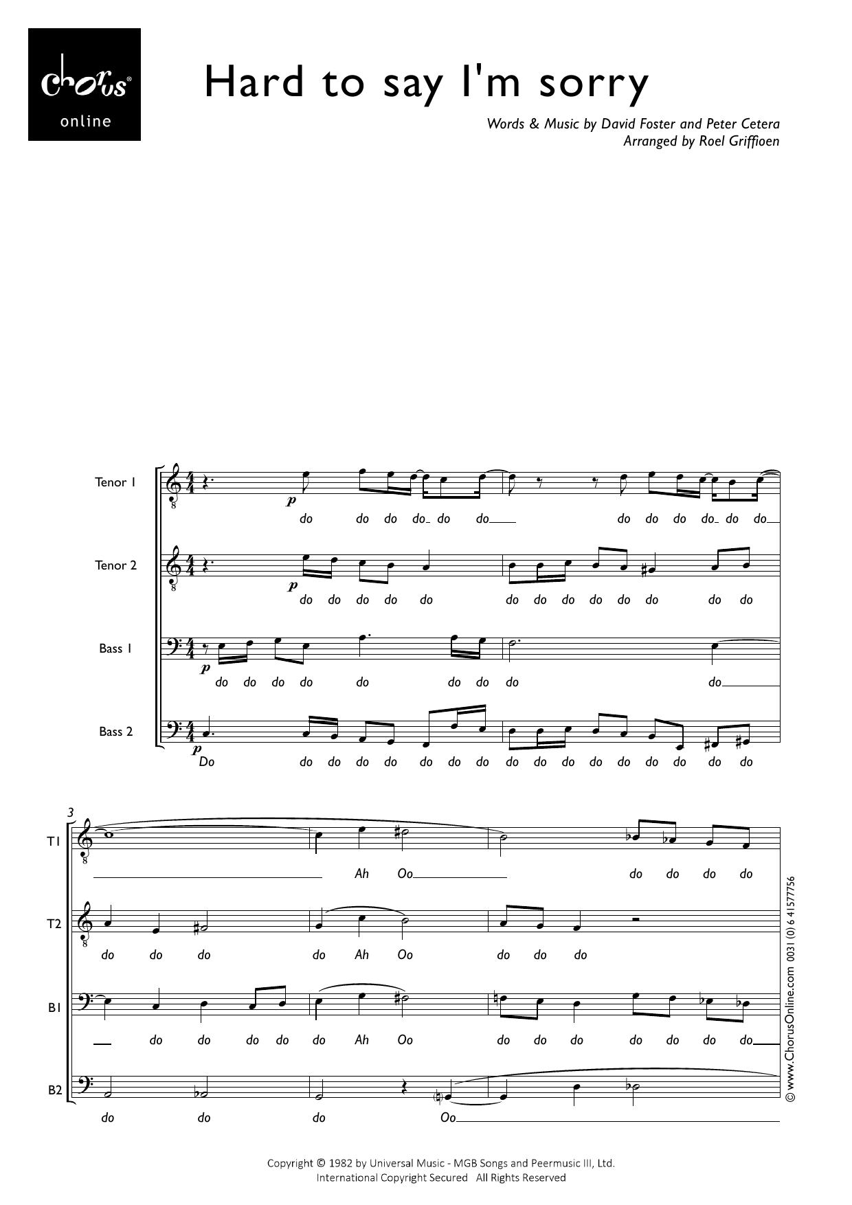 Hard to Say I'm Sorry (arr. Roel Griffioen): TTBB Choral Octavo