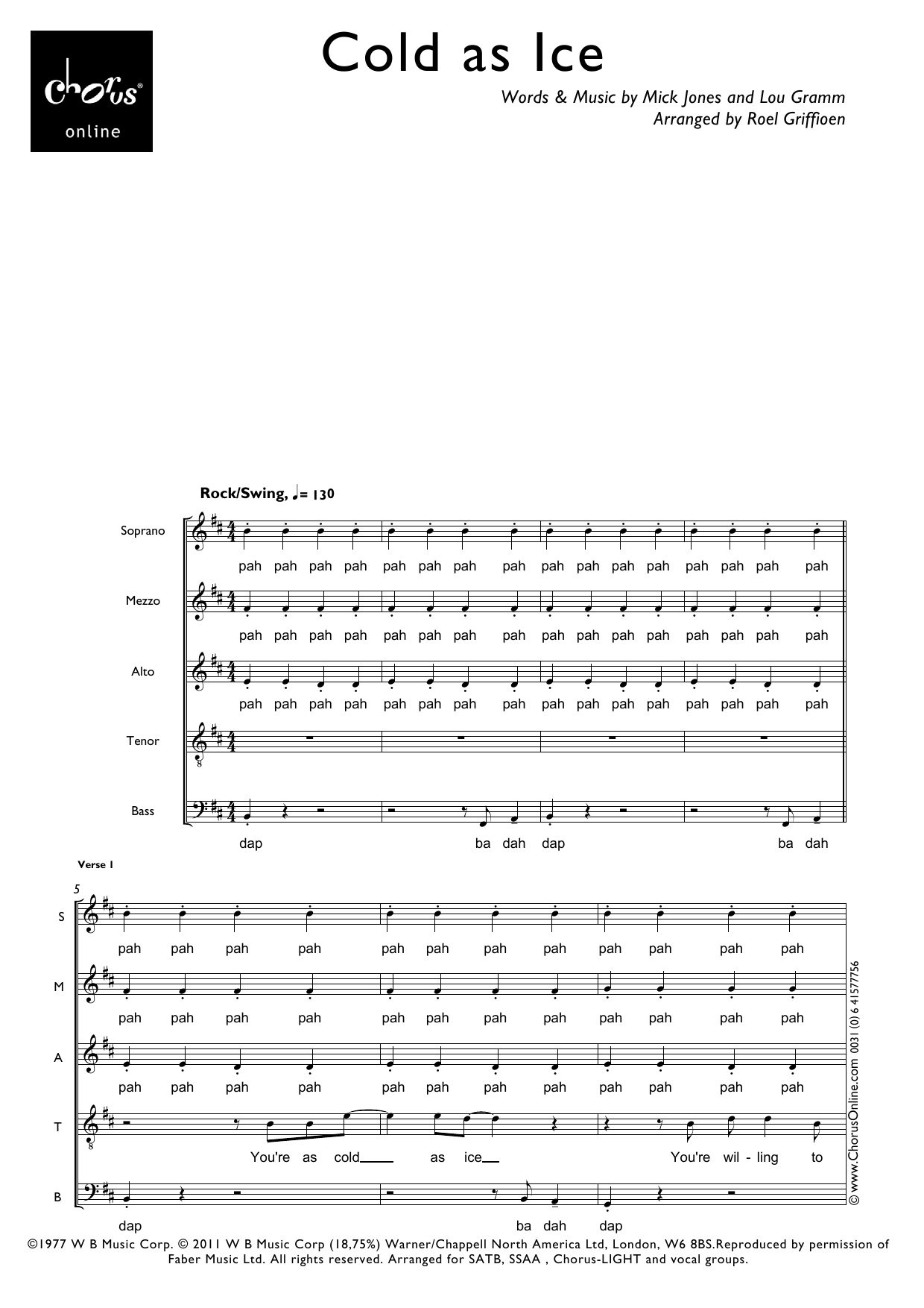 Cold As Ice (arr. Roel Griffioen): SATB Choral Octavo