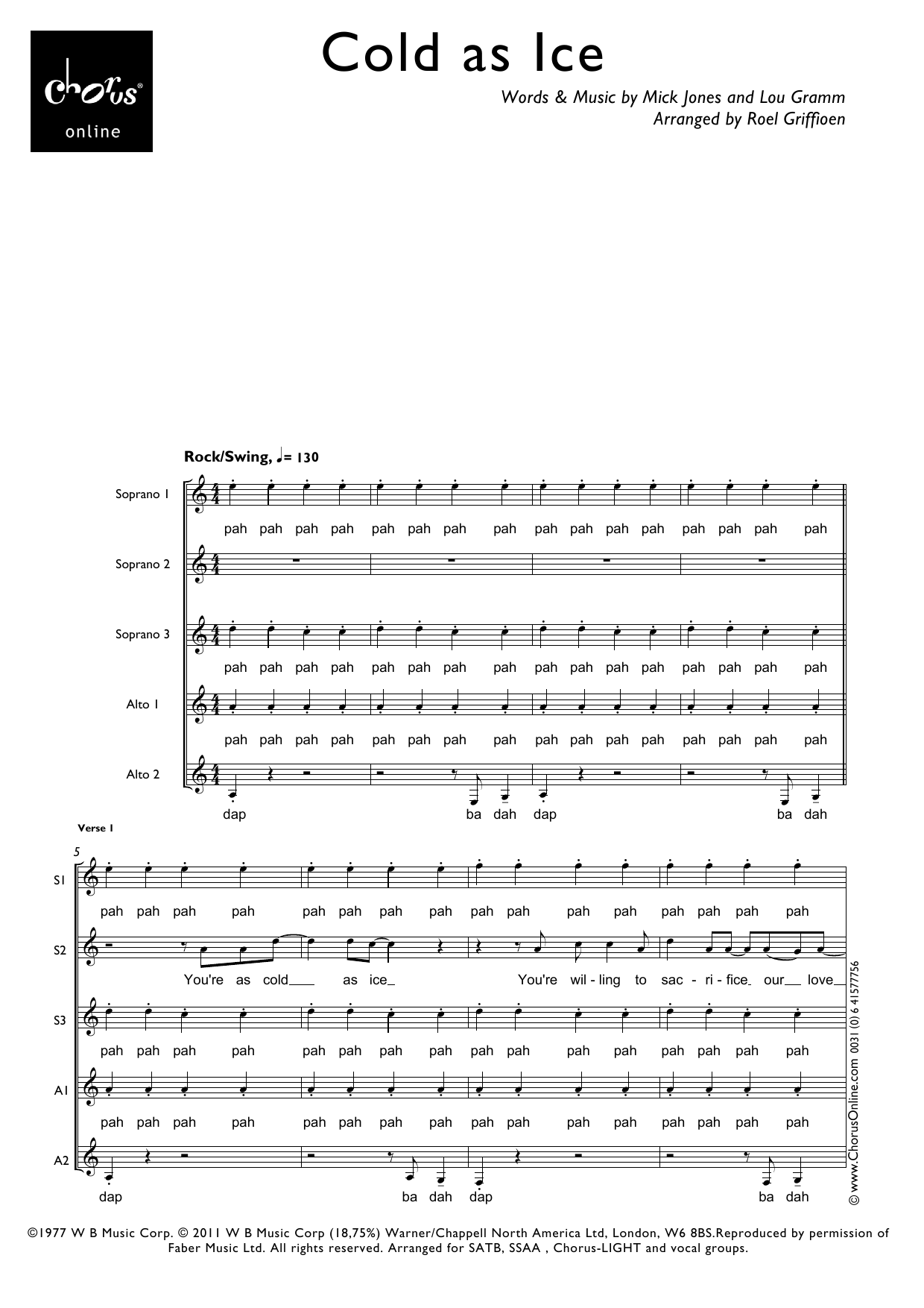 Cold As Ice (arr. Roel Griffioen): SSAA Choral Octavo