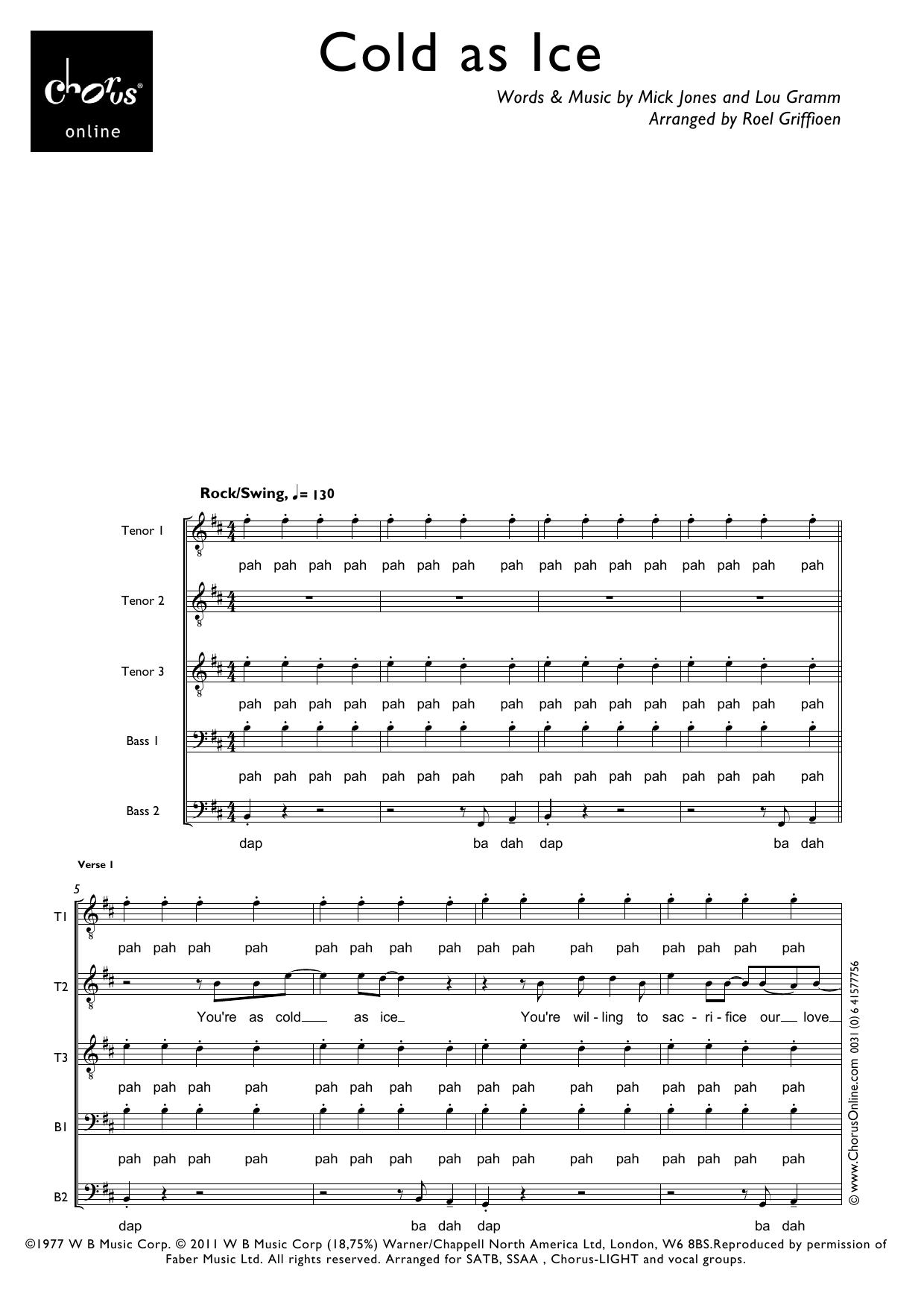Cold As Ice (arr. Roel Griffioen): TTBB Choral Octavo