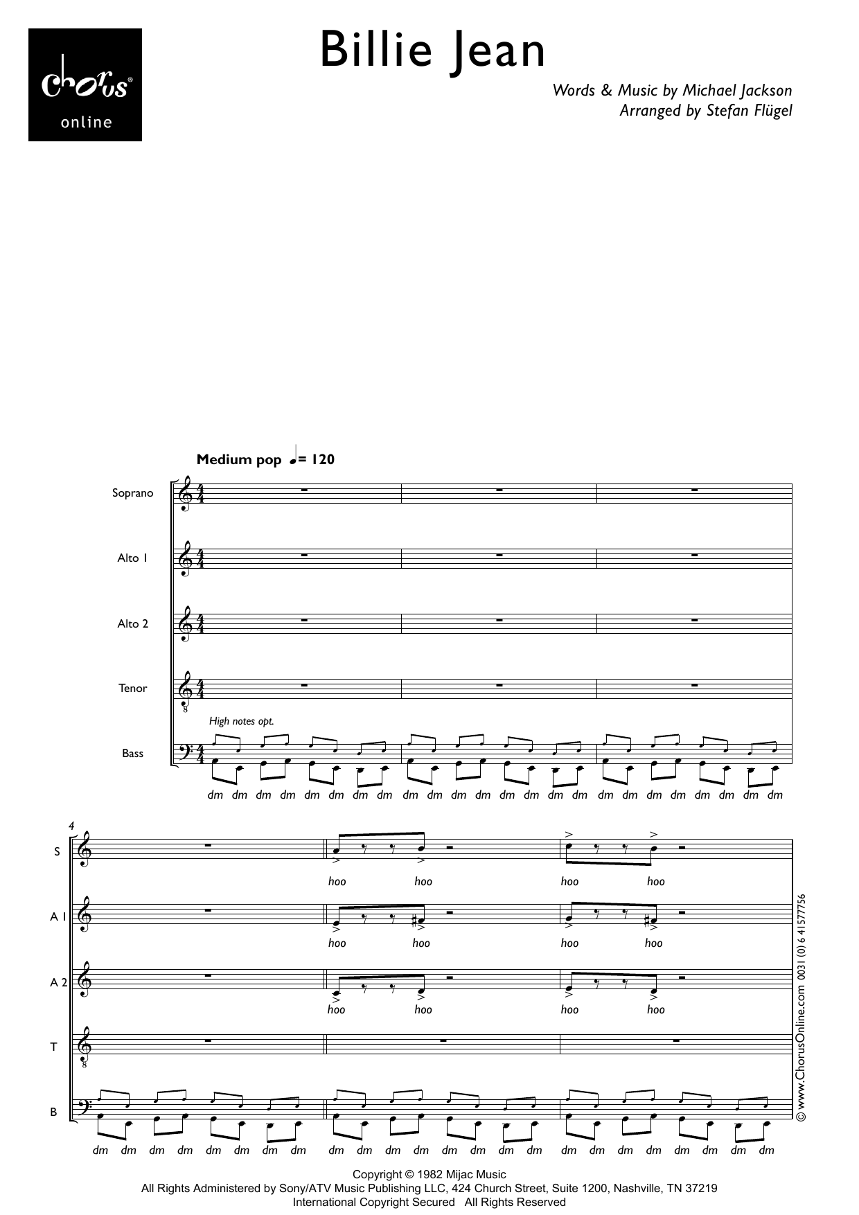 Billie Jean (arr. Stefan Flügel): SAATB Choral Octavo