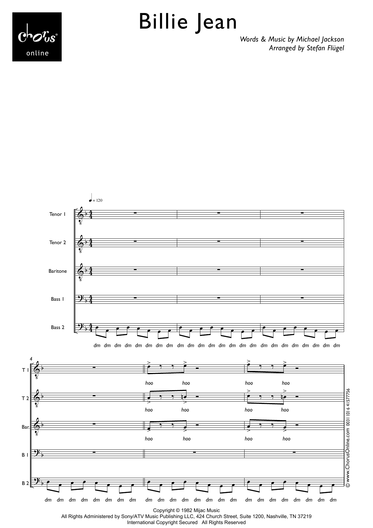 Billie Jean (arr. Stefan Flügel): TTBarBB Choral Octavo