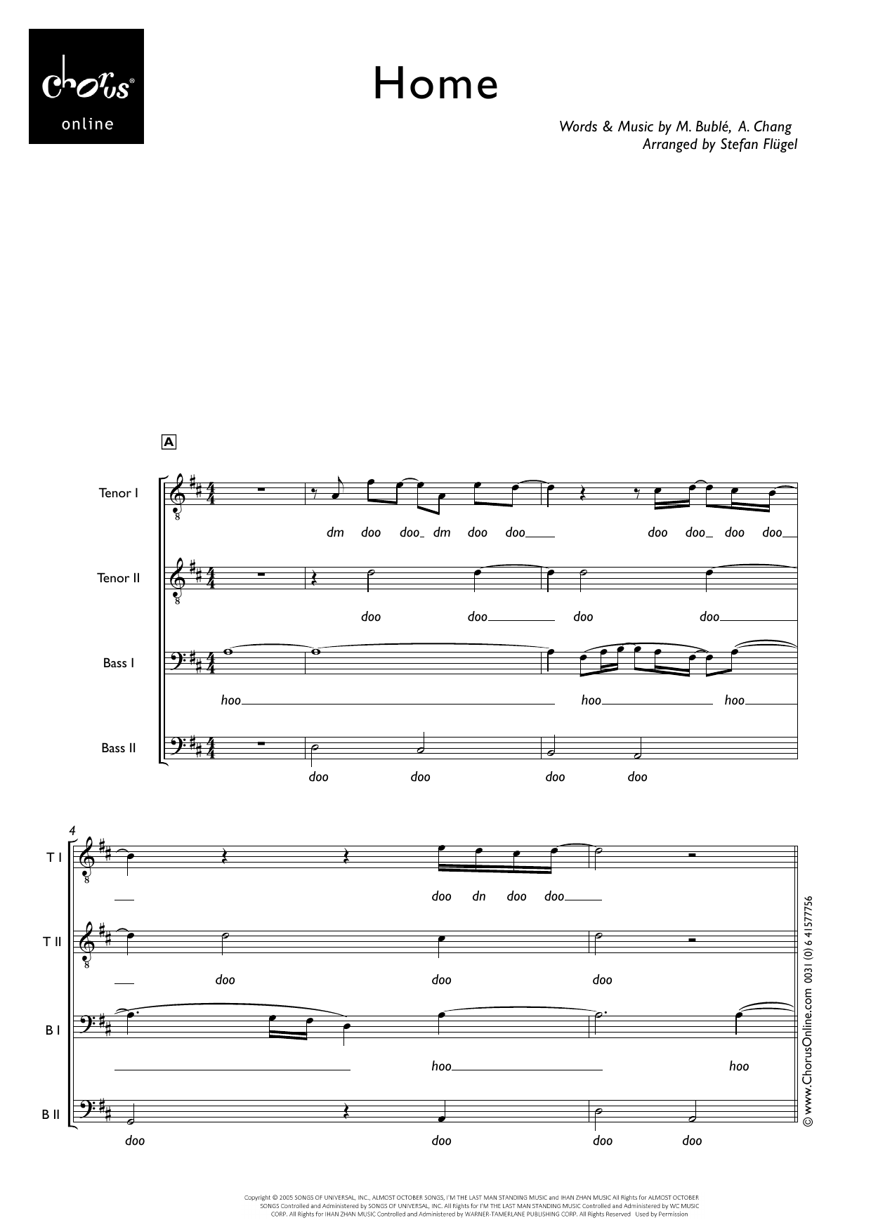 Home (arr. Stefan Flügel): TTBB Choral Octavo