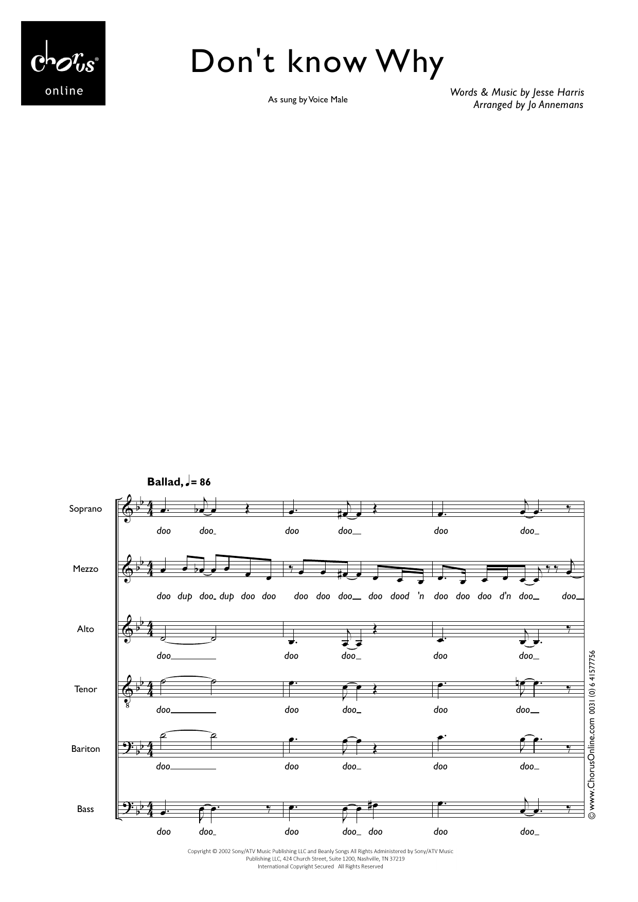 Don't Know Why (arr. Jo Annemans): SMATBarB Choral Octavo