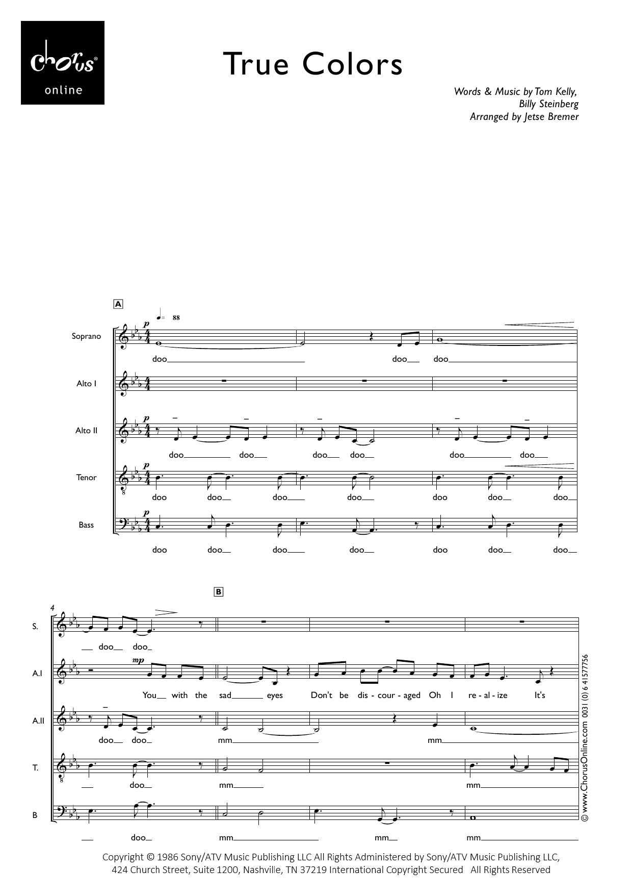 True Colors (arr. Jetse Bremer): SAATB Choral Octavo