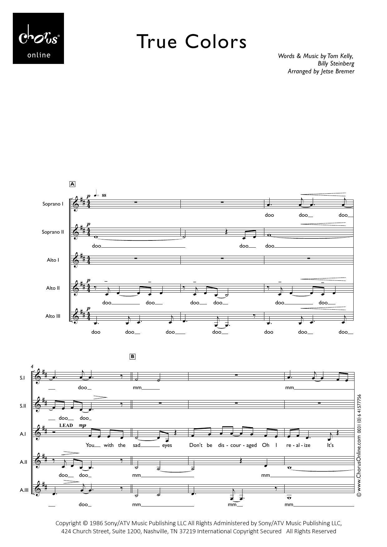 True Colors (arr. Jetse Bremer): SSAAA Choral Octavo