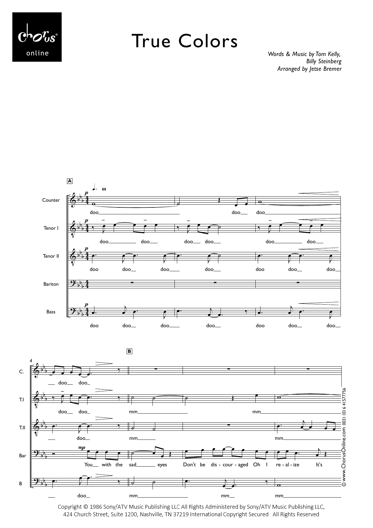 True Colors (arr. Jetse Bremer): SCTTBarB Choral Octavo