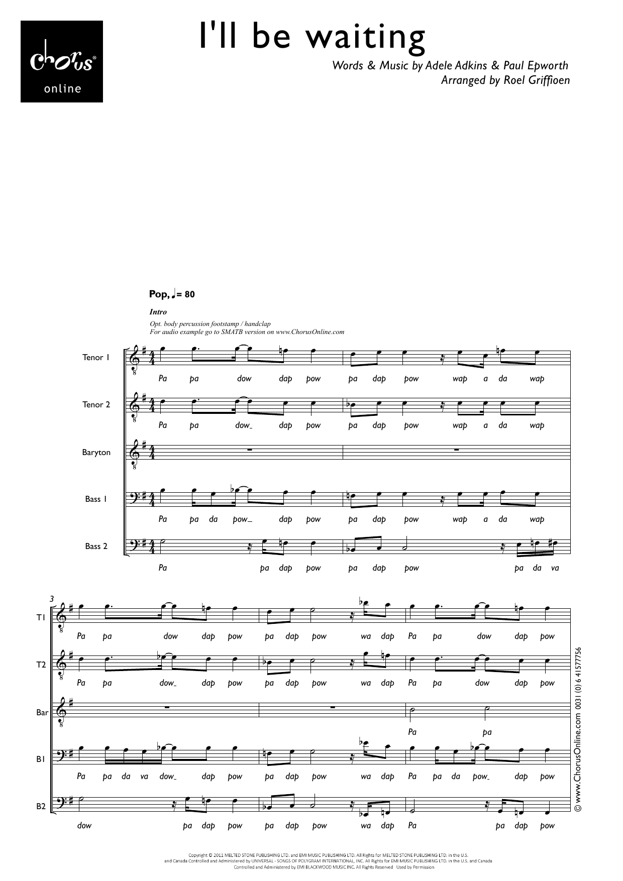 I'll Be Waiting (arr. Roel Griffioen): TTBarBB Choral Octavo