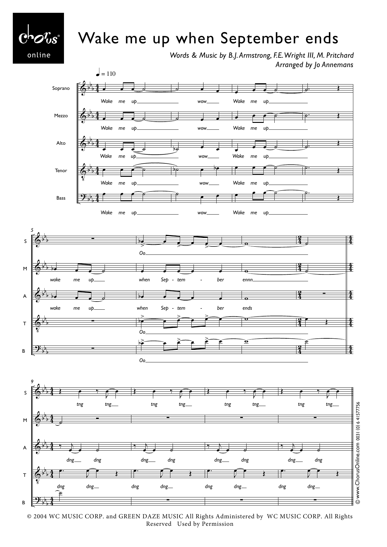 Wake Me Up When September Ends (arr. Jo Annemans): SMATB Choral Octavo