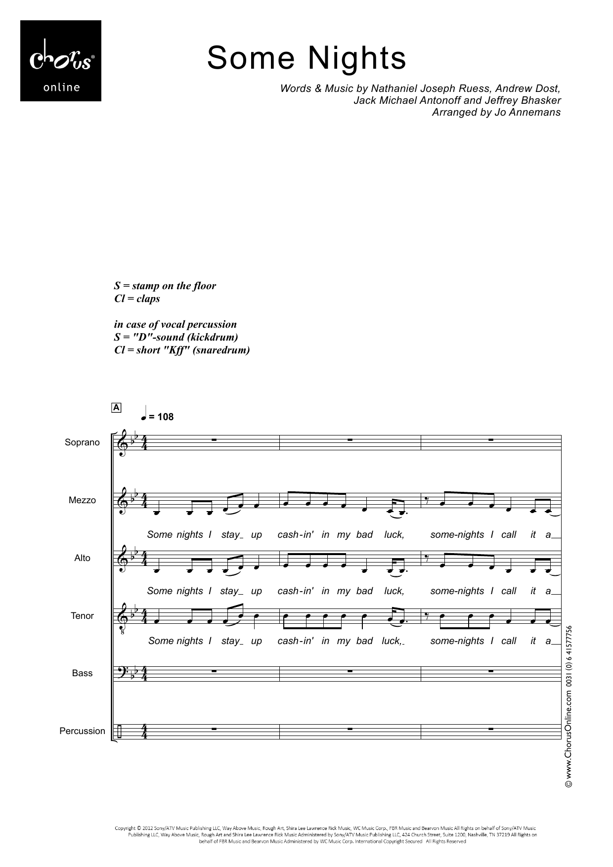 Some Nights (arr. Jo Annemans): SMATB Choral Octavo