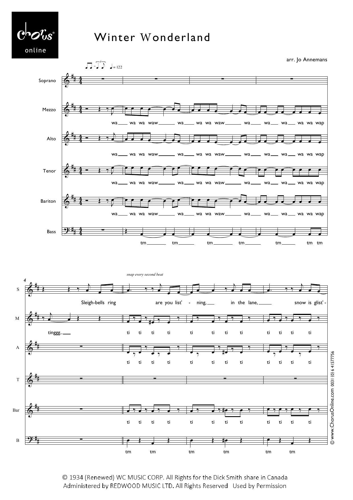 Winter Wonderland (arr. Jo Annemans): SMATBarB Choral Octavo