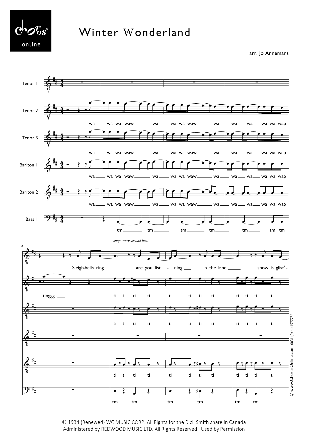 Winter Wonderland (arr. Jo Annemans): TTTBBB Choral Octavo