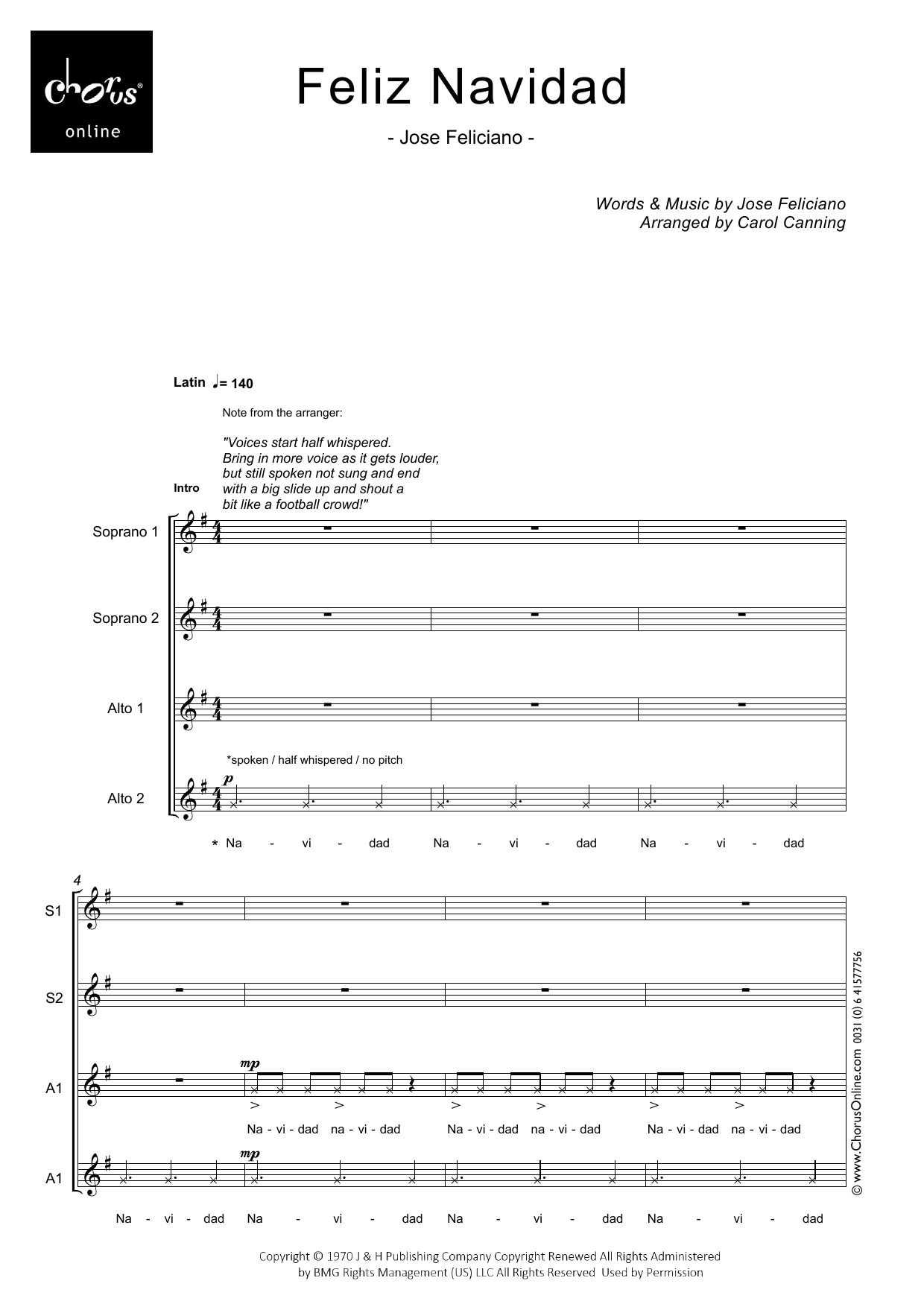 Feliz Navidad (arr. Carol Canning): SSAA Choral Octavo