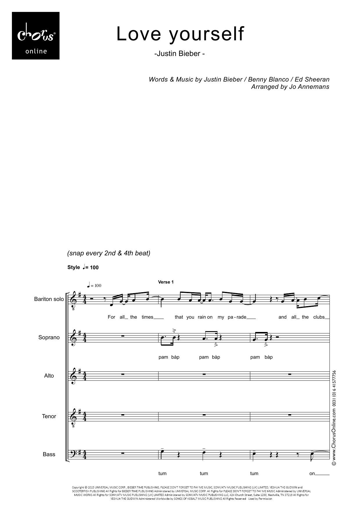 Love Yourself (arr. Jo Annemans): SATB Choral Octavo