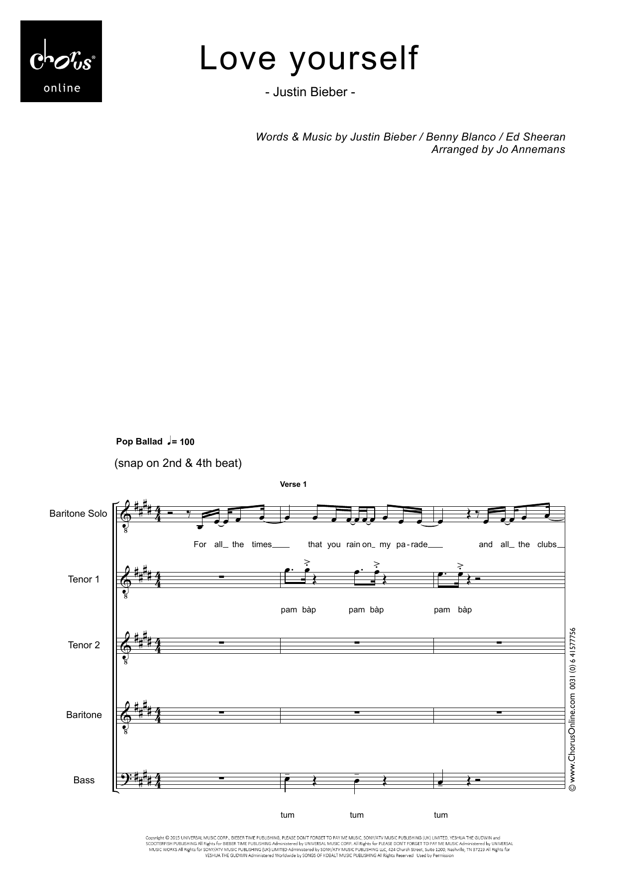 Love Yourself (arr. Jo Annemans): TTBarB Choral Octavo