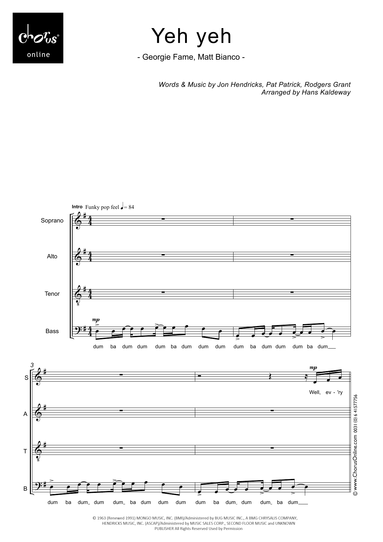 Yeh Yeh (arr. Hans Kaldeway): SATB Choral Octavo