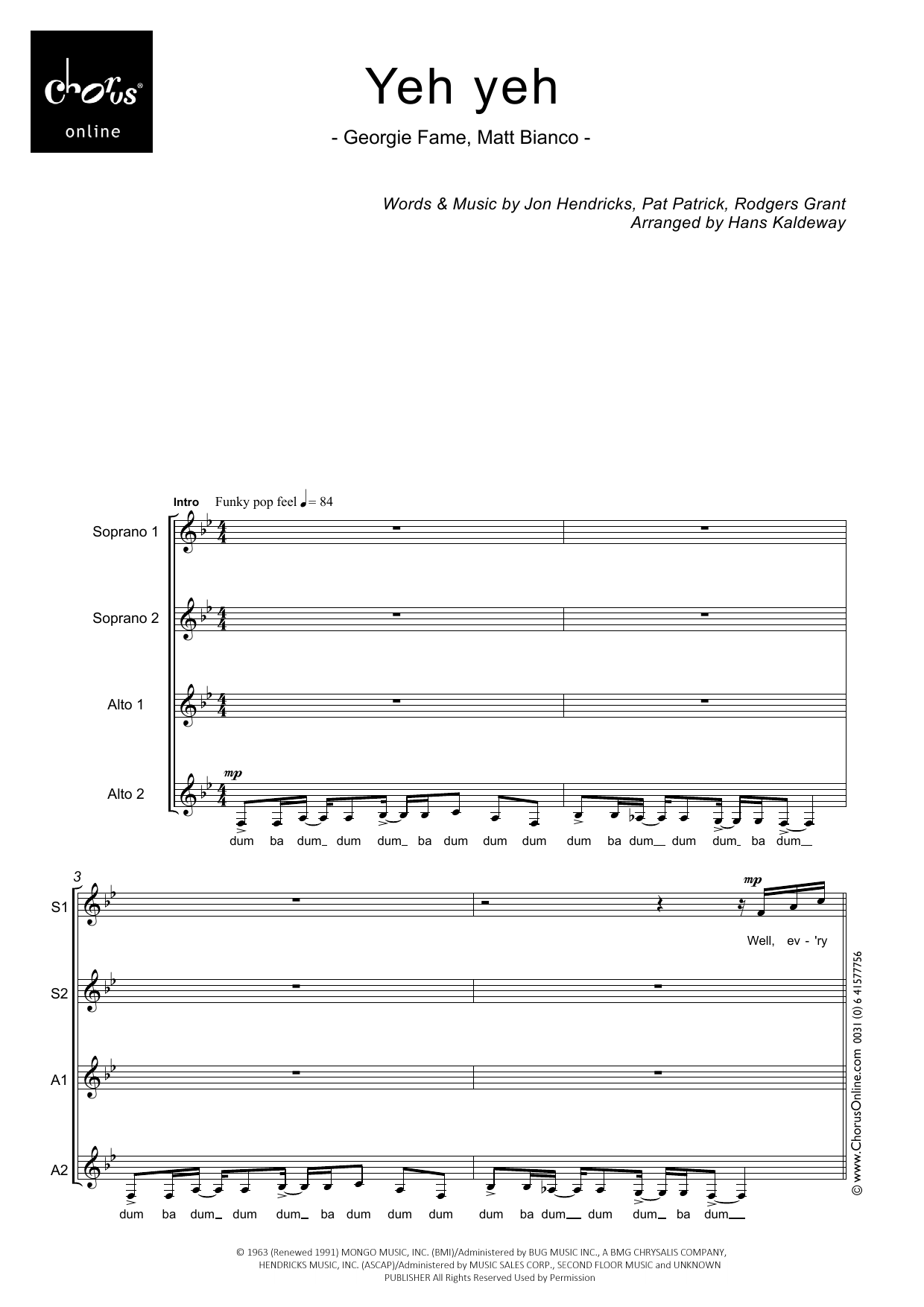 Yeh Yeh (arr. Hans Kaldeway): SSAA Choral Octavo
