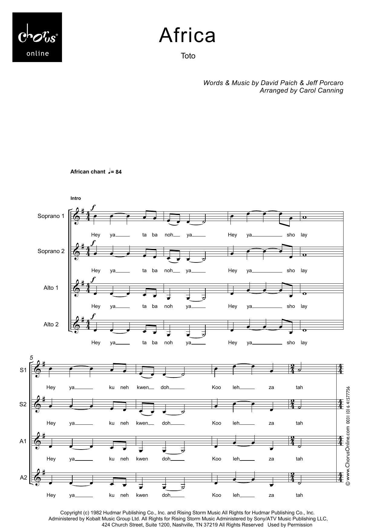 Africa (arr. Carol Canning): SSAA Choral Octavo