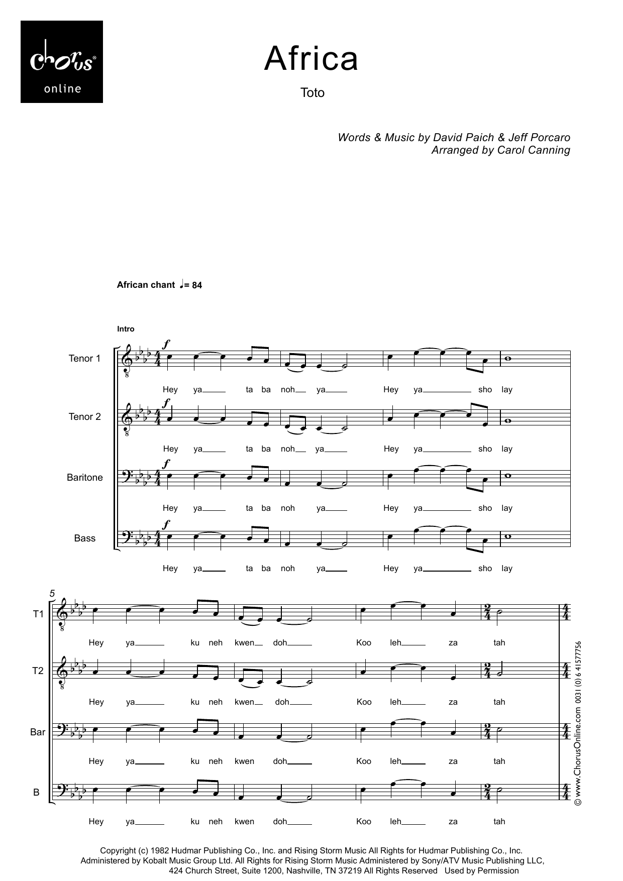 Africa (arr. Carol Canning): TTBB Choral Octavo
