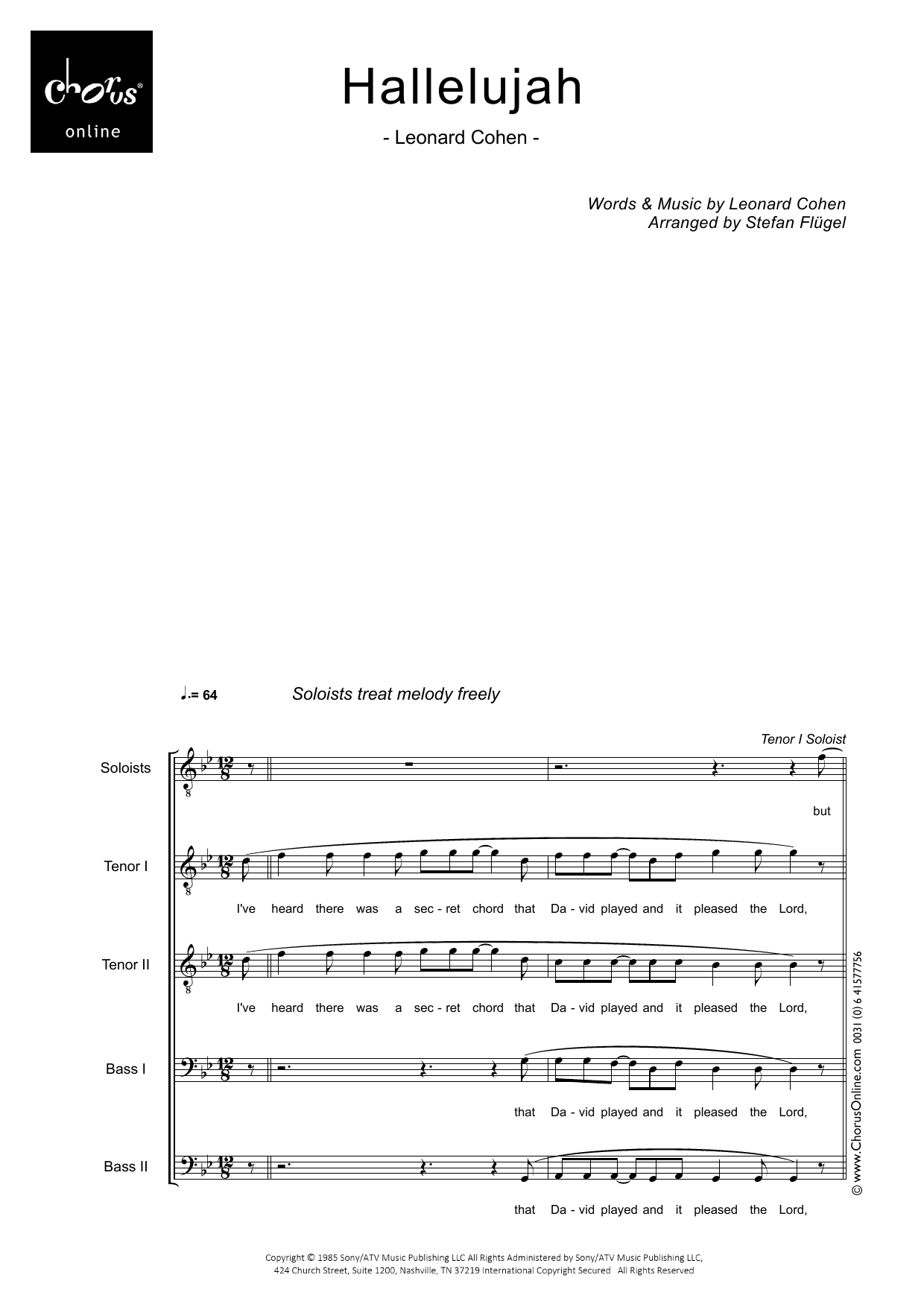 Hallelujah (arr. Stefan Flügel): TTBB Choral Octavo