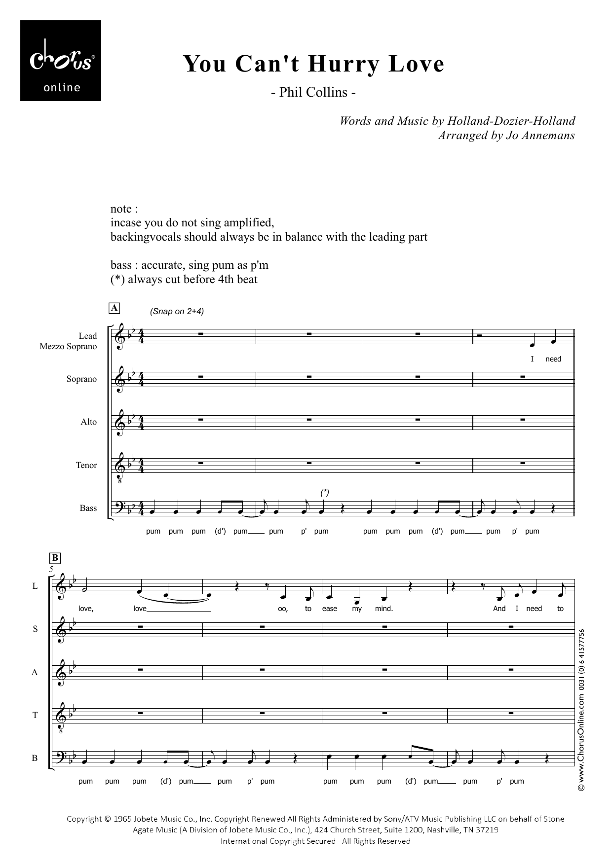 You Can't Hurry Love (arr. Jo Annemans): SATB Choral Octavo